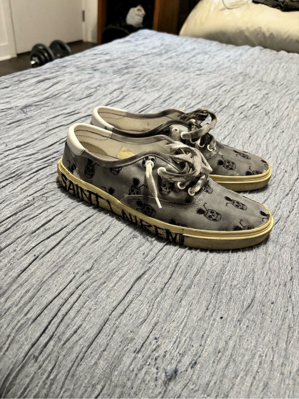 Saint Laurent Gray Skull Print Canvas Sneakers with Yellow Sole